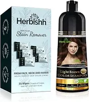 Herbishh At Home Hair Dye Kit - Colour Shampoo for Grey Hair 500mL - Hair Color Stain Remover Wipes – Gentle Formula for Dye Cleanup – Safe and Skin-Friendly (Light Brown, 1)