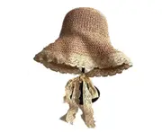 C09 Outdoor Summer Woven Straw Hat Lace Small Fresh Foldable Sun Hat Sunscreen Sunshade Travel Beach Accessories for Women