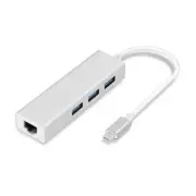 USB TypeC to 3 Port USB Hub+ RJ45 Gigabit Ethernet + USB-C PC MAC Multiport Hub