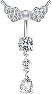 [Niaspi] 14G Pearl Wings Crystal Dangle Belly Button Rings for Women Hypoallergenic 316L Surgical Steel Navel Barbell Ring Dangling Body Piercing Jewelry, 14g, Stainless Steel, no gemstone
