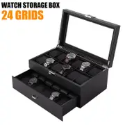 Double 24 Grids Watch Box Luxury Carbon Fiber with Drawer Display Organizer Gift