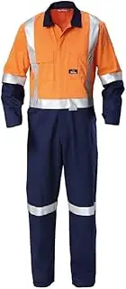 [Hard Yakka] Men's Foundations Hi-Visibility Two Tone Cotton Drill Coverall with Tape, Orange/Navy, Size 132 Stout