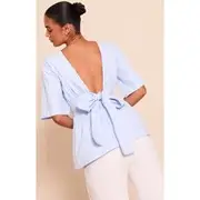 Sky Blue Cotton Short Sleeve Tie Back Blouse, Sky Blue