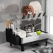 SanDream 2 Tier Dish Drying Rack, 304 Stainless Steel Dish Rack for Kitchen Counter, Large Dish Drainer with 360°Rotatable Drain Spout & Utensil Holder & Cups Holder, Dish Rack with Draining Tray