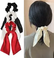 Ribbon Hair Bow for Women Silky Satin Hair Bow Scrunchies with Long Ribbons Red Black Bows Hair Ties for Girls Beige Bowknot Hair Rope Accessories Elastic Hair Scarf Bands Ponytail Holders 3PCS