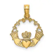 14K Yellow Gold Engraved Claddagh In Scallop Circle Charm