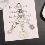 Bow Faux Pearl Acrylic Alloy Bag Charm Keyring (Various Designs) Q1499-2 - Silver & White - One Size