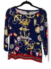 NEW Talbots Top Womens XS Nautical 3/4 Sleeve Stretchy Beach Coastal Blouse