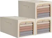 Clothes Storage Bag, Stackable Metal Frame High Density Fiberboard Bottom Cotton Linen Protect from Moisture Dust Sturdy Handle Double Opening Zipper Perfect for Clothing (Set of 3) (55L)