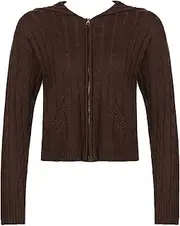 [Generic] Women's Red Cable-Knit Hooded Cardigan - Front Zip Closure, Long Sleeves with Functional Pockets, Casual Winter Wear