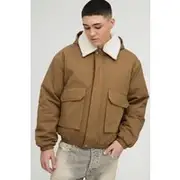 Mens Tan Oversized Borg Collar Twill Hooded Bomber Jacket
