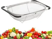 TOMVAES Over The Sink Colander, Stainless Steel Oval Colander with Expandable Rubber Grip Handle, Fine Mesh Strainer Baskets Kitchen Colander for Strain, Drain, Rinse Vegetables, Fruits (33x24x11cm)