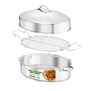 NutriChef 20" Oval Roasting Pan with Rack and Lid - Premium Stainless Steel Roaster Dish w/Wide Handles & Removable Rack, Multi-Use Cookware for Turkey, Chicken, Stews, & More - Dishwasher Safe
