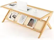 [Giantex] Bamboo Coffee Table, 120cm 2-Tier Rectangular Coffee Table w/Glass Tabletop, Modern Center Table w/Handwoven Rattan Storage Shelf, Tea Table Cocktail Table for Living Room, Office, Natural