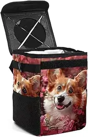 Car Trash Can with Lid,Bag Hanging Storage Pockets Leak-Proof,Portable Garbage Bin,Welsh Animal Dog Flowers Field