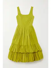 [MOLLY GODDARD] MOLLY GODDARD - Nikita Pleated Tiered Taffeta Dress - Lime green - UK 10 UK 10 Green