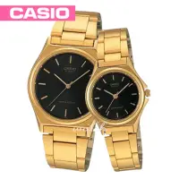在飛比找momo購物網優惠-【CASIO 卡西歐 對錶系列】情侶款-燦金錶帶 丁字面指針