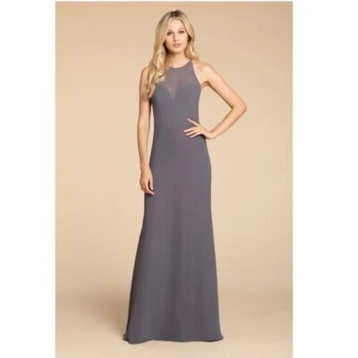 Hayley Paige Occasions NWT 5909 Gunmetal Chiffon A-line Bridesmaid Maxi Dress