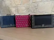 NWT Coach Anna Foldover Clutch Crossbody with Rivets Pebble Cerise Black Denim