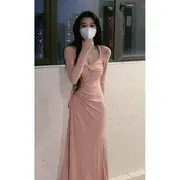Long-Sleeve Plain Drawstring Midi A-Line Dress Pink - S