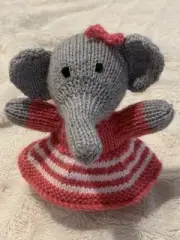 Hand-Knitted Elephant Girl in Pink & White Dress – 18cm Tall – Soft Acrylic Yarn