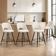 [OIKITURE] Bar Stool Set of 4, Kitchen Counter Barstools Dining Chair Sherpa Boucle Fabric Upholstered Backrest in 59cm Seat Height Floor for Outdoor Indoor Home Bar Dining Room Cafe, White