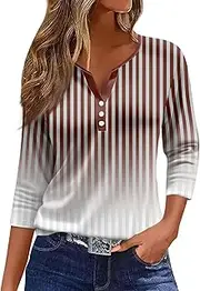[Valtorixia] 3/4 Length Sleeve Women Henley V Neck Tops Casual Length Button Down Shirt Floral Print Blouses Plus Size Trendy Comfy Tees (color-b-28,Small)