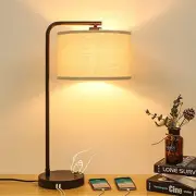 Side Table Lamp with Dual USB Ports, Dimmable Bedside Lamp Modern Brown