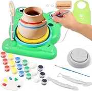 Mini Pottery Wheel for Kids, DIY Clay Maker Kit Includes Turntable Apron Painting Tray Brushes 6 Color Paint Clay, Pottery Painting Kit, Art and Crafts Kits for Kids Ages 8-12 (Green)