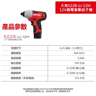 DEVON大有【12V充電衝擊起子機 5228-Li-12H】電動起子 螺絲 工具機 電鑽 衝擊鑽