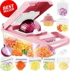 Vegetable Chopper - 12-in-1 Mandoline Slicer, Container, Pink