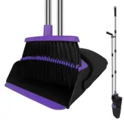 Broom and Dustpan Set, Upright Purple Broom with Dustpan Combo Set 51" Long H...