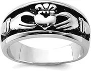 [JewelryWeb] 925 Sterling Silver Solid Polished Artisan Oxidized and Rhodium Irish Claddagh Celtic Trinity Knot Ring Band Style-Ring for Women