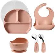 Ange Smile Silicone Dinnerware Set, 6 Piece Meal Plate, Bowl, Never Turn Over with Suction Cups, Baby Tableware, Spoon & Fork, Meal Apron, Apricot