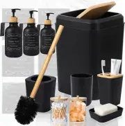 Black and Wood Bathroom Accessories Set 19Pcs, Bathroom Set with Trash Can and T
