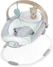 Ingenuity Cozy Spot Soothing Baby Bouncer with Wooden Toy Arch, Natural Rubber Toy, Safety Harness, Music & Auto-Shutoff, 0-6 Months, Grey