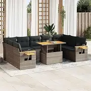 10 Piece Garden Sofa Set with Cushions Grey Poly Rattan Acacia, Garden Furniture Sets