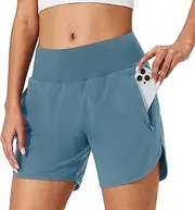 [S Spowind] Womens Running Shorts Zipper Pockets High Waisted Quick Dry Athletic Workout Shorts with Liner