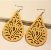 Yellow Laser-Cut Wooden Dangle Earrings