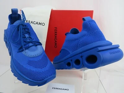 NIB FERRAGAMO BLUE NIMA KNIT MESH LACE UP LOGO LOW TOP SNEAKERS US 11 44 ITALY