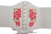 Women Wide Elastic Beige Corset High Waist Belt Side Red Flowers Detail Slim S M