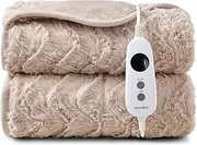 Dreamaker Luxury Faux Fur Electric Heated Throw Blanket 200x180cm Heating Rug Reversible Coral Fleece Plush Snuggle Overheat Protection LED Display 9 Heat Settings Detachable Controller - Natural