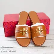 NWT Tory Burch Everly Calf Leather Gold Logo Slide Sandals in Tan Size 8