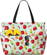 [Ghjkfbf] Vegetable Corn Print Large Capacity Beach Travel Bag For Family, Beach Tote Bag For Women With Zipper Pockets, Black, One Size