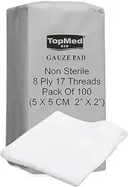 TOPMED ETS Cotton Gauze Swabs, Non-Sterile,White,8 Ply 17 Threads Pack of 100 1 Count (5 X 5 cm 2" X 2")