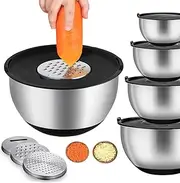 [Mfancy] Mixing Bowls Set with Airtight Lids,Non-Slip Stainless Steel Nesting Bowls with 3 Grater Attachments, Kitchen Bowls Size 5, 4, 3, 2, 1.5QT for Mixing & Serving.
