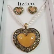 Liz & Co. Heart Pendent Necklace With Heart Studded Earrings Enamel Rhinestones