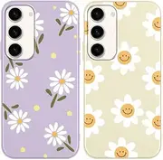 [RUMDEY] 2 Pack Cute Daisy Flowers for Samsung Galaxy A13 4G 6.6" Phone Case,Smile Pattern Aesthetic Design Cases Soft Silicone Slim TPU Shockproof Protective Fundas for Teen Girls Women (Purple&Beige)