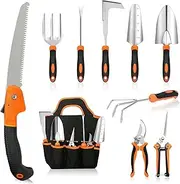 Gardening Tools 10 Pcs, Stainless Steel Heavy Duty Garden Tool Set with Non-Slip Rubber Hand Grip, Gardening Tool Set with Tote Bag for Gift, Women, Men