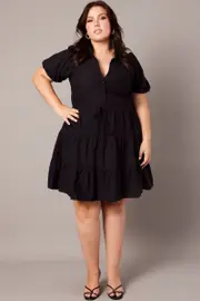 Black Button Through Collared Shirtdress